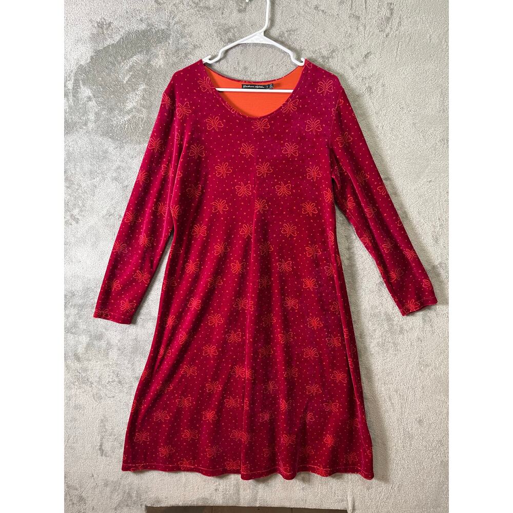 Gudrun Sjödén Velvet Dress Red Butterfly Organic Cotton Blend Long‎ Sleeve Large